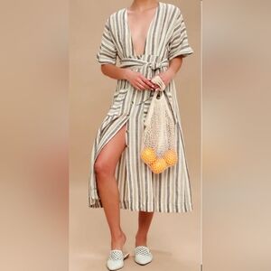 Free People Women's Striped Linen Cotton Dress Midi Deep V Neck Size XS Vacation
